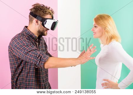 Man Vr Glasses Going Touch Breasts Virtual Girl. Cyber Relations Instead Real. Virtual Reality Pleas