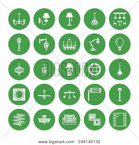 Light Fixture, Lamps Flat Glyph Icons. Home And Outdoor Lighting Equipment - Chandelier, Wall Sconce