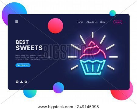 Sweets Shop Design Template Vector. Candy Shop Web Banner Interface, Neon Sign, Modern Trend Design,