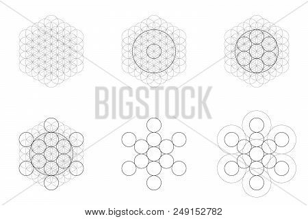 Set Of Geometrical Elements And Shapes. Sacred Geometry Flower Of Life And Metatrons Cube Transition