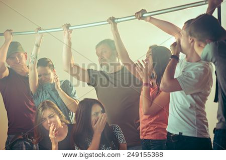 Smell Of Sweat. Sweaty Armpits. Man In Bus Or Public Transport. The Unhappy People Near Man. Hyperhi