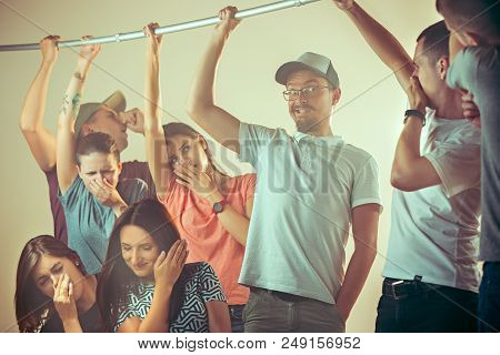 Smell Of Sweat. Sweaty Armpits. Man In Bus Or Public Transport. The Unhappy People Near Man. Hyperhi