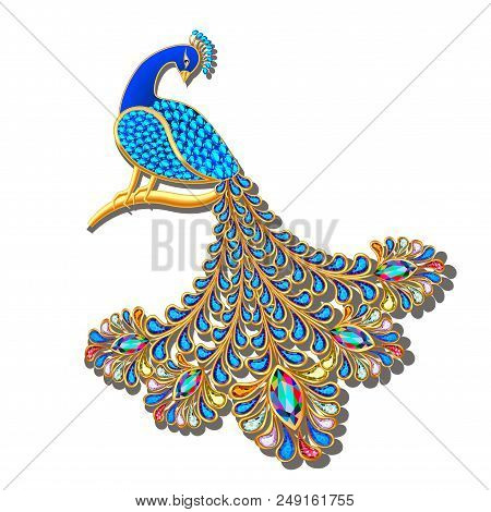 Illustration Jewelry Brooch Peacock With Precious Stones