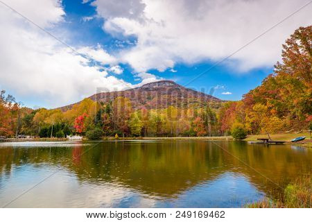 Yonah Mountain, Georgia, USA autumn landscape and lake.