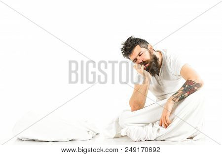 Man Exhausted, Needs Relax, Rest, Nap, Copy Space. Sleeping Bearded Man On White Background. Hipster