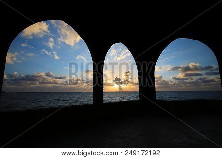 View Of The Mediterranean Sea Through Arches In Batroun, Lebanon.