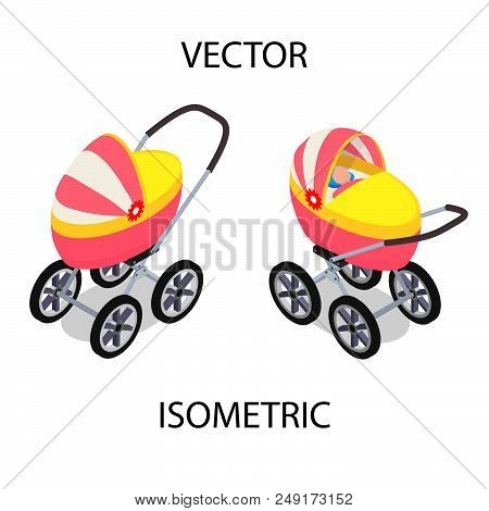 A Baby Carriage With A Child In Isometric View.