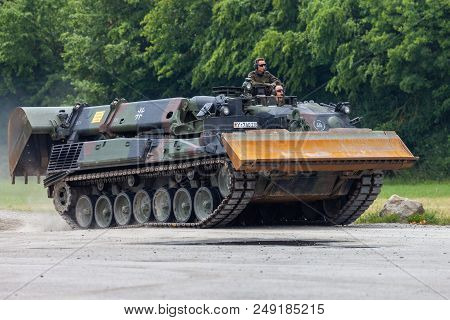 Feldkirchen / Germany - June 9, 2018: German Tank Dozer Dachs Drives On A Road At Day Of The Bundesw