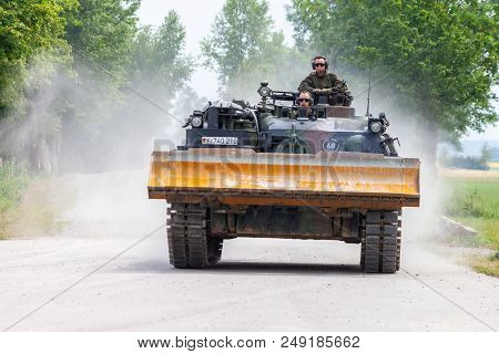 Feldkirchen / Germany - June 9, 2018: German Tank Dozer Dachs Drives On A Road At Day Of The Bundesw