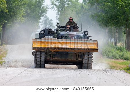 Feldkirchen / Germany - June 9, 2018: German Tank Dozer Dachs Drives On A Road At Day Of The Bundesw