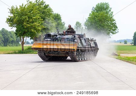 Feldkirchen / Germany - June 9, 2018: German Tank Dozer Dachs Drives On A Road At Day Of The Bundesw