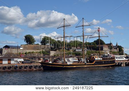 Old Port Oslo. View of the Aker Brygge, popular area with a lot of bars, restaurants, museums and viewing zone to scenic Oslo Fjord. Landmark of Oslo.June 16. 2018. Oslo,Norway
