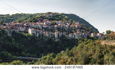 Panoramic View Of Veliko Tarnovo From Tsarevets Hill. Typical Terrace Architecture In Veliko Tarnovo