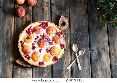 Rustic Open Pie With Peach And Raspberry, French Galette . Peach Tart. Raspberry Tart. Tartalette Wi