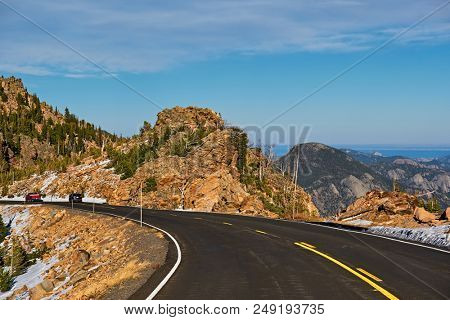 Trail Ridge Road, the highest (12,183 feet) continuous highway in the USA in high alpine tundra with rocks and mountains at autumn. Rocky Mountain National Park in Colorado, USA. 