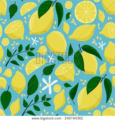 Lemon, Green Leaves And Flowers Background. Stock Vector