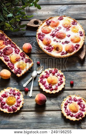 Rustic Open Pie With Peach And Raspberry, French Galette . Peach Tart. Raspberry Tart. Tartalette Wi