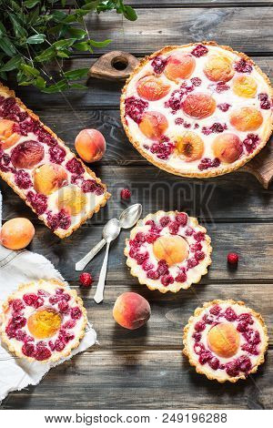 Rustic Open Pie With Peach And Raspberry, French Galette . Peach Tart. Raspberry Tart. Tartalette Wi