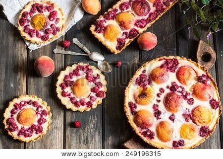 Rustic Open Pie With Peach And Raspberry, French Galette . Peach Tart. Raspberry Tart. Tartalette Wi