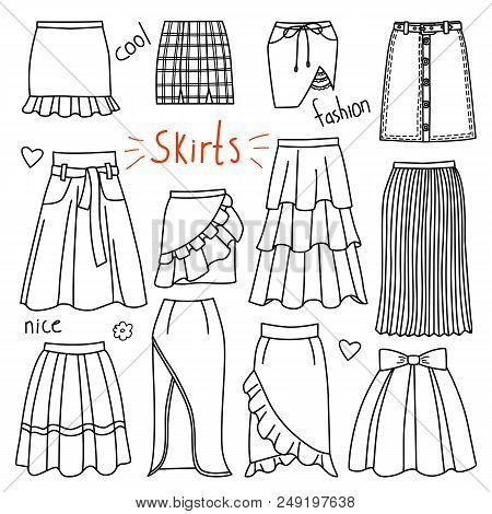 Set Of Hand Drawn Women Clothes. Skirts. Fashion Collection. Black And White Doodle Illustration.
