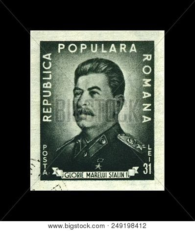 Romania - Circa 1949: Canceled Postal Stamp Printed In Romania Shows Joseph Stalin, Famous Soviet Po