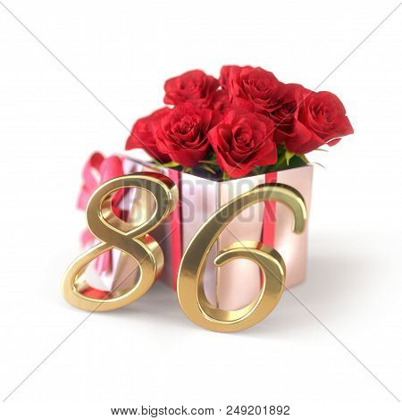 Birthday Concept With Red Roses In Gift Isolated On White Background. 3d Render - Eighty-sixth. 86th