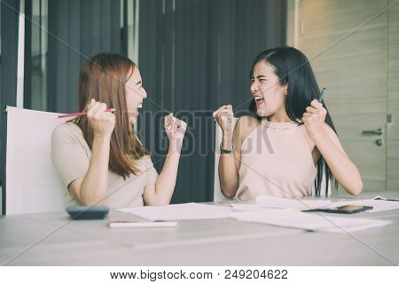 Asian Businesswoman With Casual Suit Working With Happy Action In Office Business People Concept.