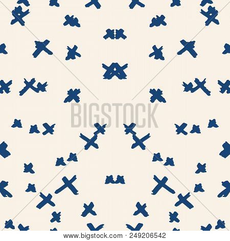 Cross Pattern. Indigo Geometric Seamless Texture. Hipster Fashion Design Print. Trendy Graphic Repea