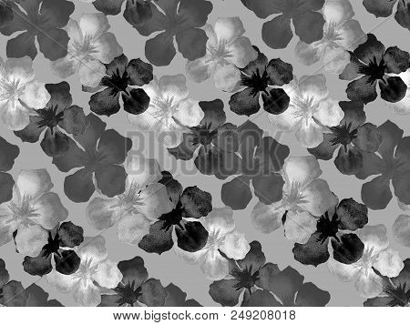Hawaiian Watercolor Pattern. Black And White Floral Tropical Seamless Print. Hibiscus And Oleander I