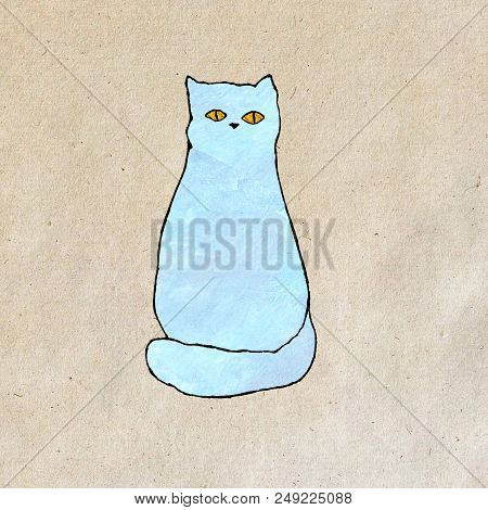 Blue Cat On Craft Background. Hand Drawn Postcard