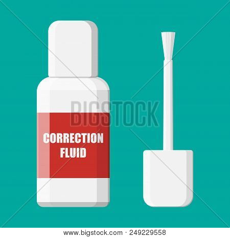 Plastic White Bottle With Stationery Corrector. Correction Fluid In Container With Brush. Tools For 