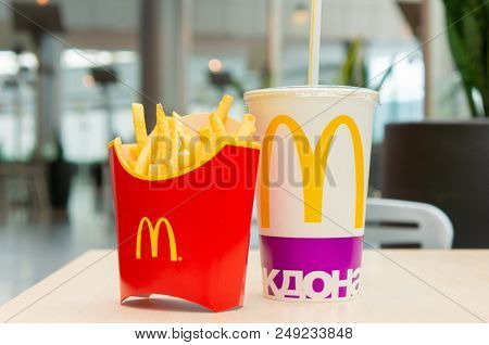 Moscow, Russia, March 15 2018: McDonald's Big Mac hamburger menu, French Fries and Coca Cola