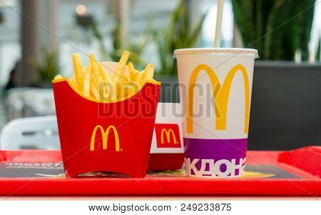 Moscow, Russia, March 15 2018: McDonald's Big Mac hamburger menu, French Fries and Coca Cola