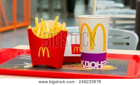 Moscow, Russia, March 15 2018: McDonald's Big Mac hamburger menu, French Fries and Coca Cola