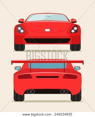 Sport Red Car Two Angle Set. Car  Front And Rear View. Vector Flat Illustration
