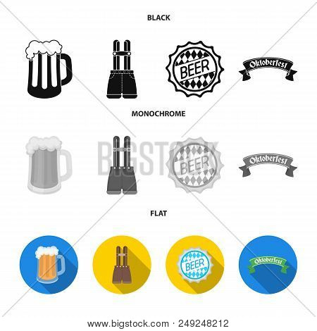 Shorts With Suspenders, A Glass Of Beer, A Sign, An Emblem. Oktoberfest Set Collection Icons In Blac