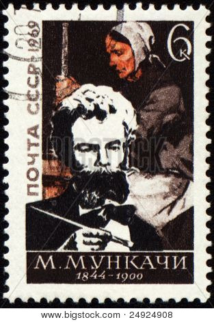 Ritratto del pittore ungherese Munkacsy Mihaly su Post Stamp