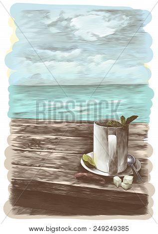 Tea Mug With Mint Leaves On A Saucer With A Teaspoon Standing On A Wooden Table