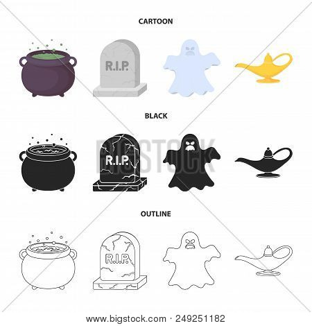 A Witch Cauldron, A Tombstone, A Ghost, A Gin Lamp.black And White Magic Set Collection Icons In Car