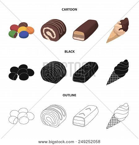 Dragee, Roll, Chocolate Bar, Ice Cream. Chocolate Desserts Set Collection Icons In Cartoon, Black, O