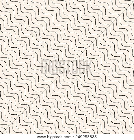 Diagonal Thin Wavy Lines Vector Seamless Pattern. Subtle Beige Background, Simple Geometric Repeat T