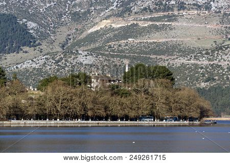 Amazing Winter Landscape Of Lake Pamvotida And Pindus Mountain From City Of Ioannina, Epirus, Greece