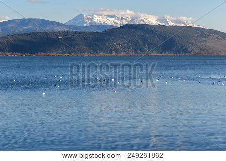 Amazing Winter Landscape Of Lake Pamvotida And Pindus Mountain From City Of Ioannina, Epirus, Greece