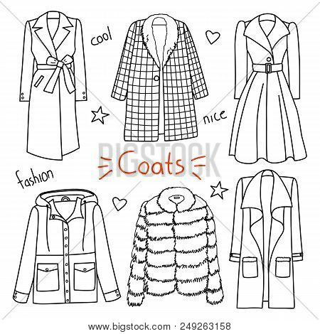 Set Of Hand Drawn Women Clothes. Coats. Fashion Collection. Black And White Doodle Illustration.