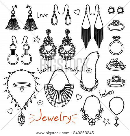 Set Of Hand Drawn Women Accessories. Jewelry - Earrings, Rings, Necklaces. Fashion Collection. Black
