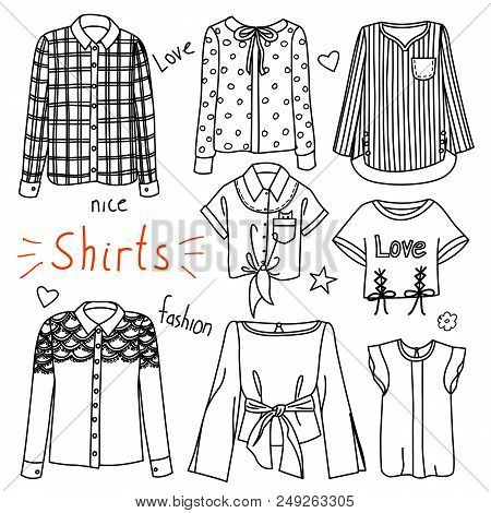 Set Of Hand Drawn Women Clothes. Shirts. Fashion Collection. Black And White Doodle Illustration.
