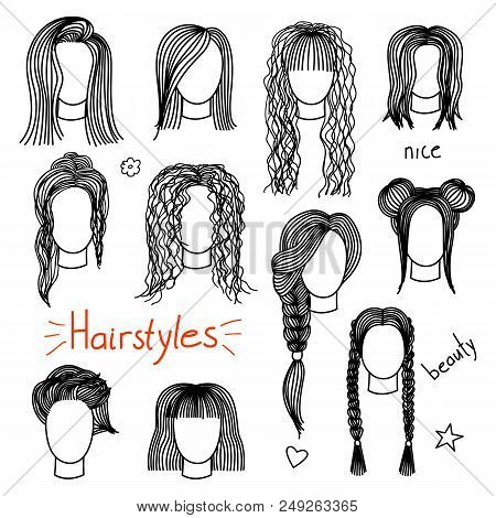 Set Of Hand Drawn Womens Hairstyles. Black And White Doodle Illustration.