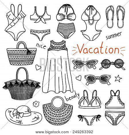 Set Of Hand Drawn Women Clothes And Accessories. Vacation Objects -swimming Suits, Bags, Sunglasses,