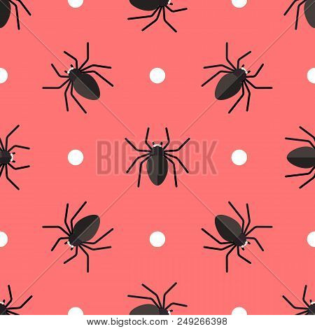 Vector Seamless Pattern With Spiders And Circles On Red Background