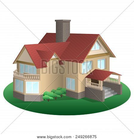 A Two-storey House With A Gable Roof In Summer Time